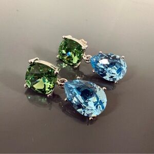 Blue and Green Crystal Dangle Earrings Silver